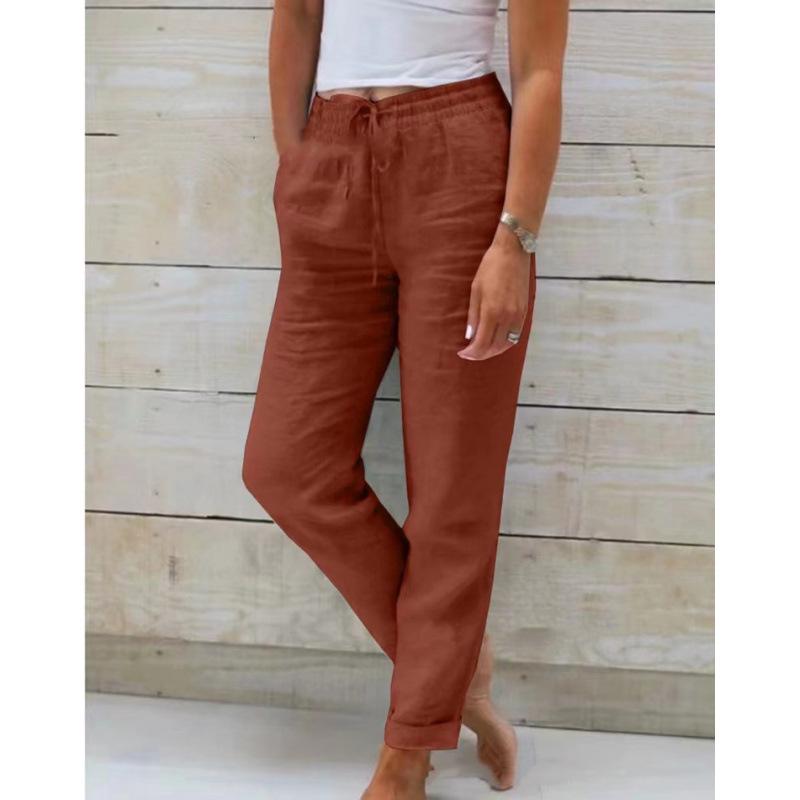 2026 Women s Mid-Waist Elastic Solid Cotton Linen Casual Pants S