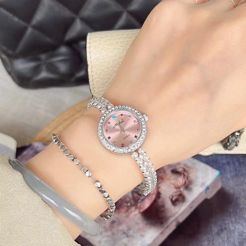 Medieval Style Pearl Bracelet Women S Watch Silver Pink Small Fragrant Style Watch Colorful Stone Small Dial