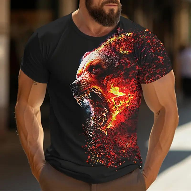 Men's Animal T-shirt Bear Print Short Sleeved Summer Men's Fashion Black Round Neck Short Sleeved Top