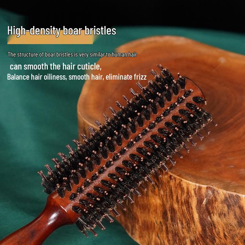 Children's Pig Bristle Round Hair Brush – Wood Handle, Curling Comb, Scalp Massage & Volume Styling for Boys