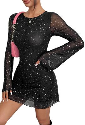 Maeau Sexy Mini Long Tight Bodycon Mesh Dress with Star Perfect for Casual and Party Size S Women's Dress, Sleeves, Above-Knee Length, Peplum, A-Line,