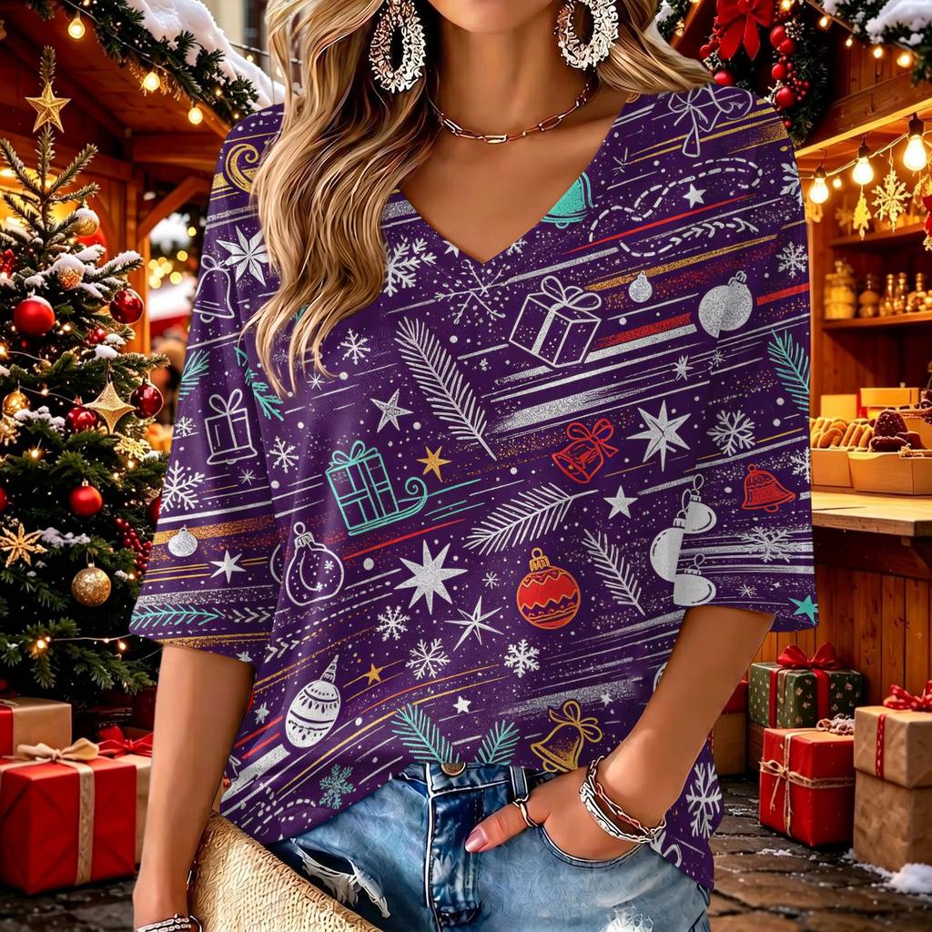 Women's Casual V-Neck Christmas Print Three-Quarter Sleeve Top for Holiday and Everyday Wear