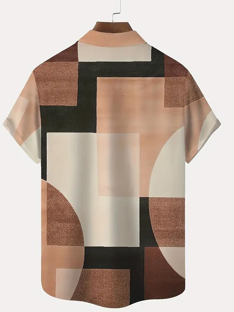 Mens Fashion Short Sleeve Geometric Pattern Button Shirt Trendy Versatile Breathable and Comfortable