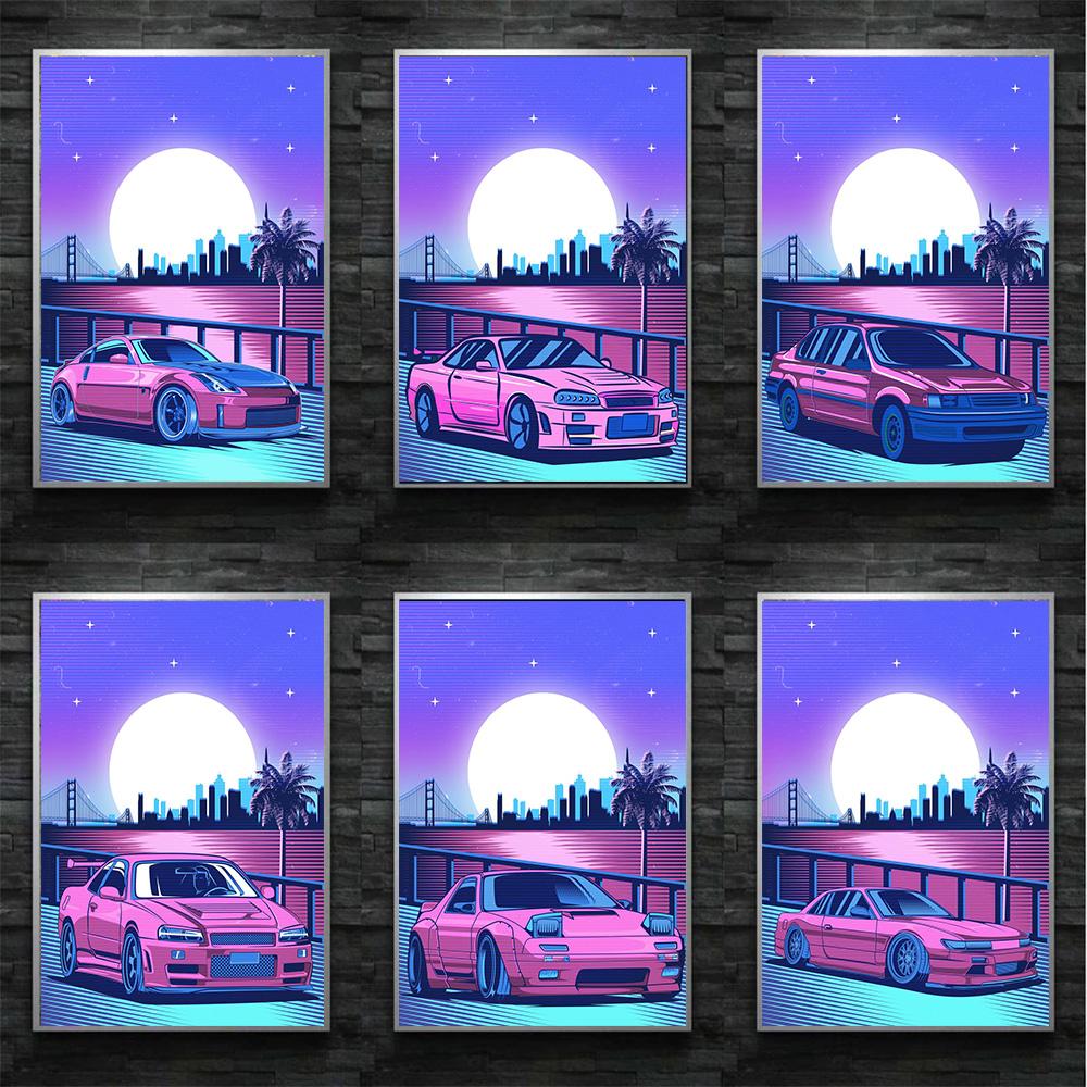 Cartoon Neon Retro Jdm Sports Racing Car Print Poster Canvas Painting Modern Wall Art Picture For Living Room Bedroom Home Decor