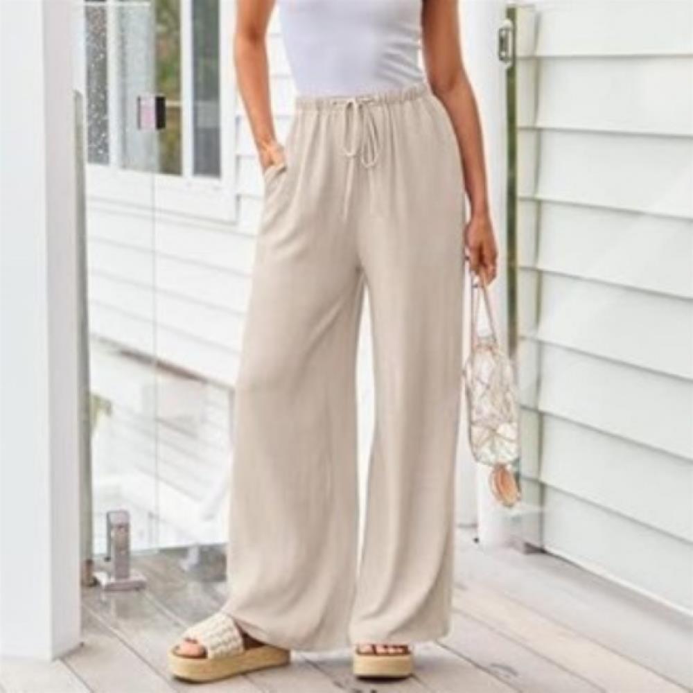 New Arrivals Open Run Women Classic Solid Color Linen Cotton Wide Pants