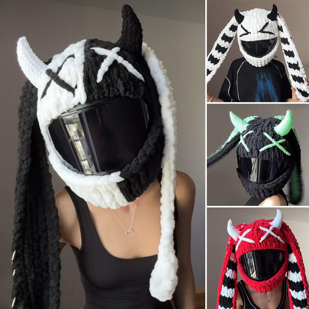 Hand Crocheted Cartoon Personalized Motorcycle Helmet Protective Cover, Trendy Halloween Funny Helmet Cover Headwear
