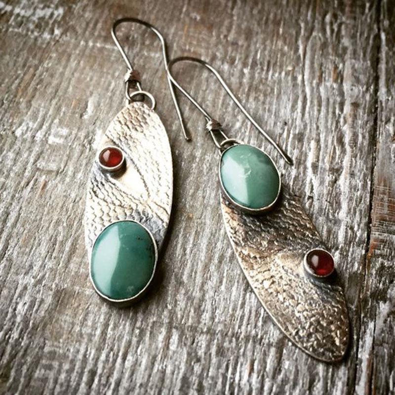 Vintage Asymmetrical Turquoise Inlaid Silver Earrings - Luxurious Ethnic Style for Women