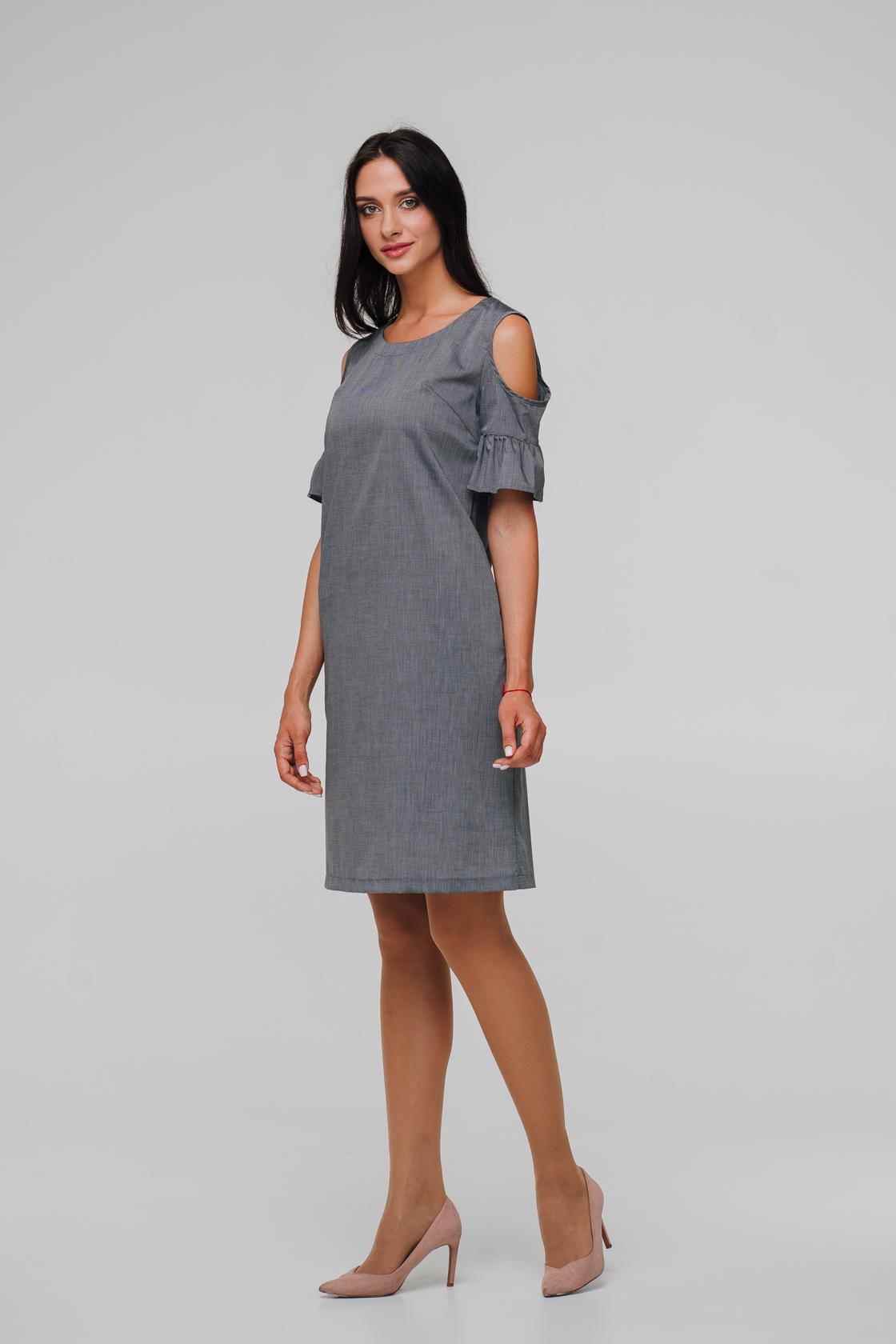 

Сукня міді у дрібну смужку з вирізами на плечах 40 сіро блакитний колір