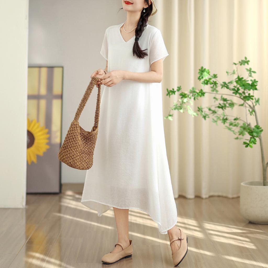 Solid Color V-neck Short-sleeved Cotton and Linen Dress Women's 2025 Summer New Medium-length Fairy Skirt Linen Skirt Children