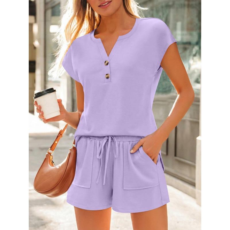 Women's Summer 2 Piece Outfit Notch Neck Button Detail Batwing Sleeve Top Drawstring Waist Pocket Shorts Set