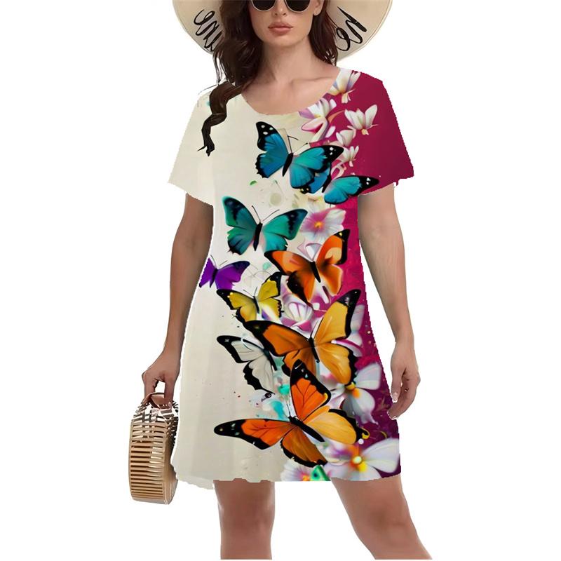 3D Colorful Butterfly Printed Dress Summer Short Sleeve O-neck Casual A-Line Dresses Fashion Lady Beach Vacation Dress Vestidos