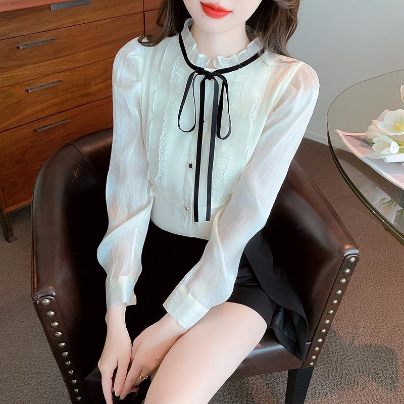 Fashion New 2025 Winter Long Sleeve Lace-Up Stand Collar Apricot Velvet Chiffon Blouse Shirt Women Tops Blouses Shirts J783