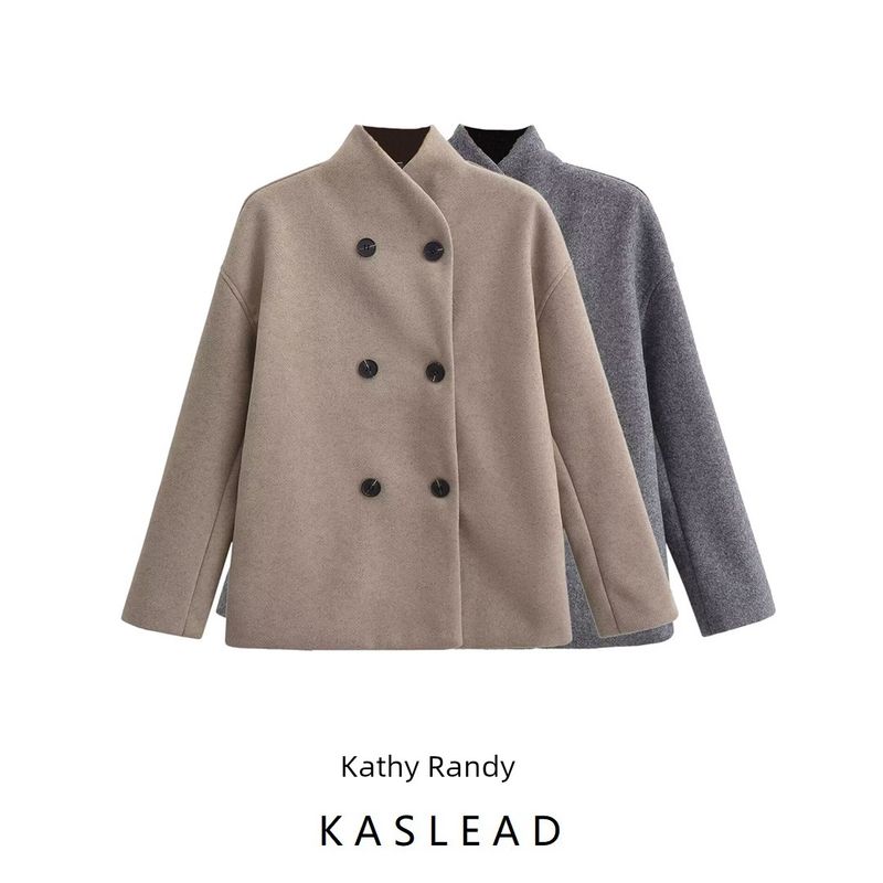 Kaslead New Arrival Women's Clothing Fashion Style Stylish Simple and Versatile Double Row Ornament Two-Tone Woolen Coat
