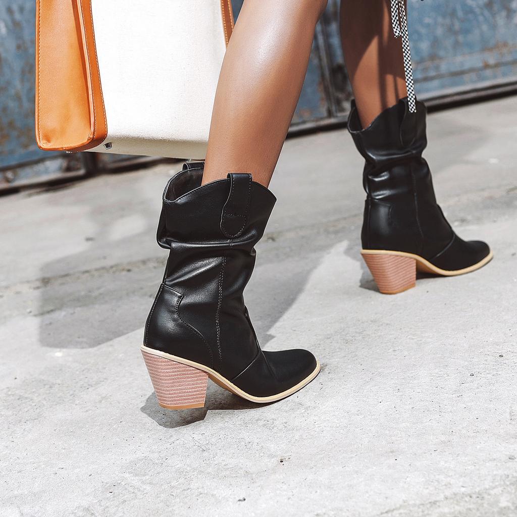 Bottines décontractées pour femmes, talons punk, noir, rouge, blanc, plissées, cowboy, cowgirls, automne, hiver, fête, chaussures courtes pour dames 2024