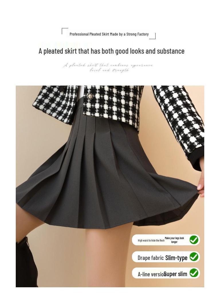 Khaki Vlněná A-line Skládaná Sukně s Vysokým Pasem pro Podzim Zimu - Dámská Krátká Sukně