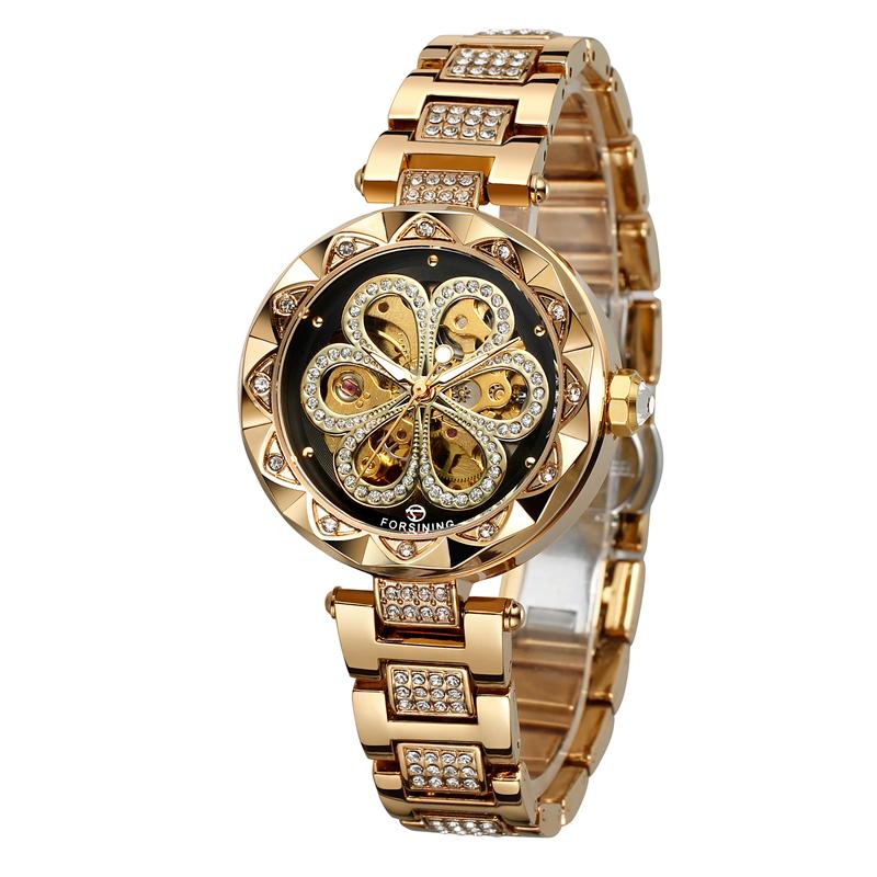 FORSINING Luxury Women's Automatic Watch Flower Skeleton Ladies Mechanical Wristwatch with Diamond Cut Bezel & Crystal Bracelet