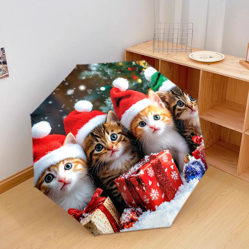 1 PC Automatic Folding Umbrella - Christmas Kittens Pattern, Portable & Foldable Design with 8 Ribs, Christmas Birthday Gifts