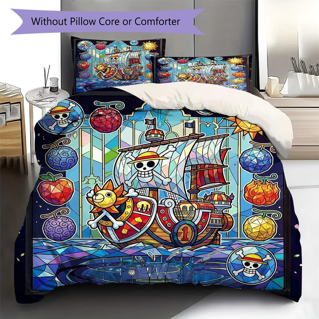 One Piece Luffy Pattern Bedding Quilt Set Quilt Cover Pillowcase Home Decoration Birthday Gift (1 * Duvet Cover + 2 * Pillowcase, Without Core)