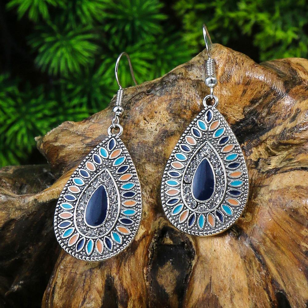 Blue New Alloy Earrings Turquoise Inlaid Bohemian Retro Geometric Round Multi Layered Design Vacation Party Versatile