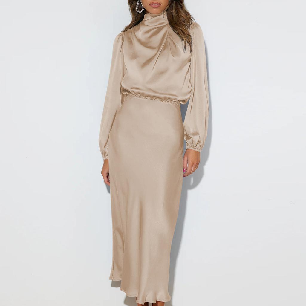High-End-Satin-Kleid mit langen Ärmeln und lockerer Passform, elegantes Temperament, Abendkleid für Damen
