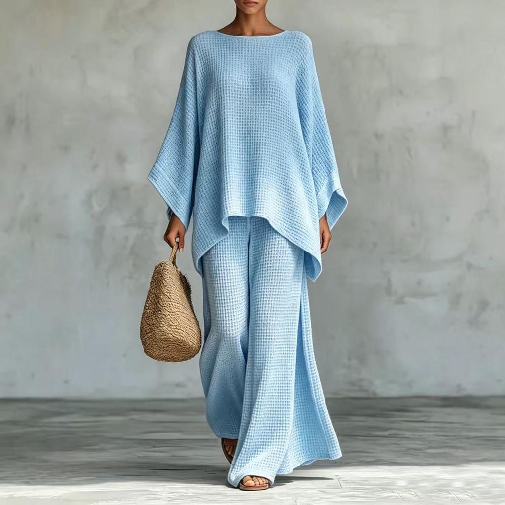 European-American Style Women's Loose Waffle Knit Wide-Leg T-Shirt and Pants Set.