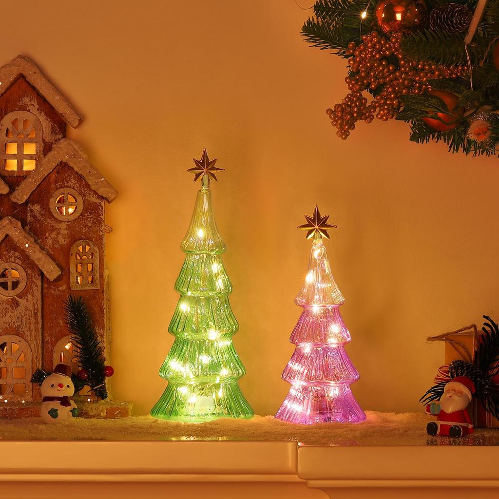 Lewondr Tabletop Christmas Tree Small Christmas Tree Mercury Finish Glass Christmas Object with LED Battery Perfect for Room Entrance or Green Purple