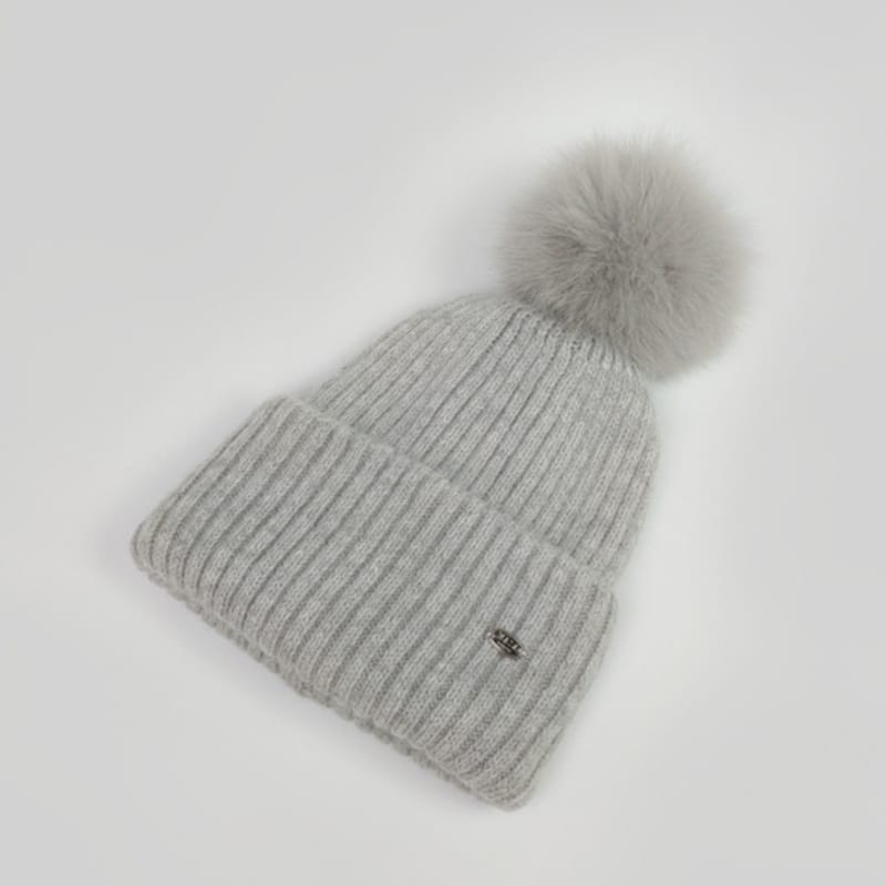 

MAIA Fox Fur Pom Pom Beanie Hat - Grey FREE