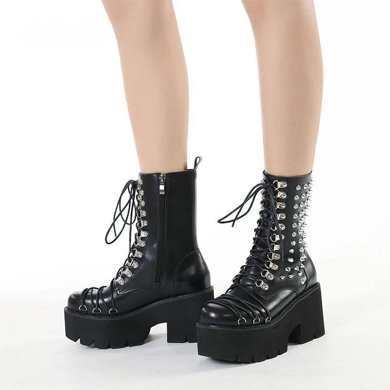 Fashion Women Motorcycle Punk Boots Mori Girl Lady Lolita Boots Woman High Top Boots Platform Fashion Rivets Goth Dark