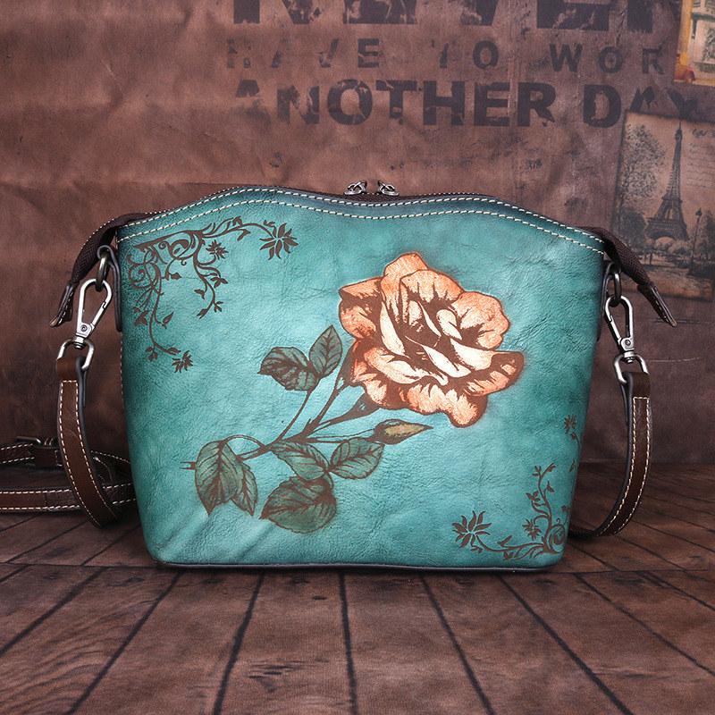 Vintage design Tašky přes rameno s květinovým vzorem z pravé kůže Crossbody kabelka pro ženy Dámská růžová kabelka