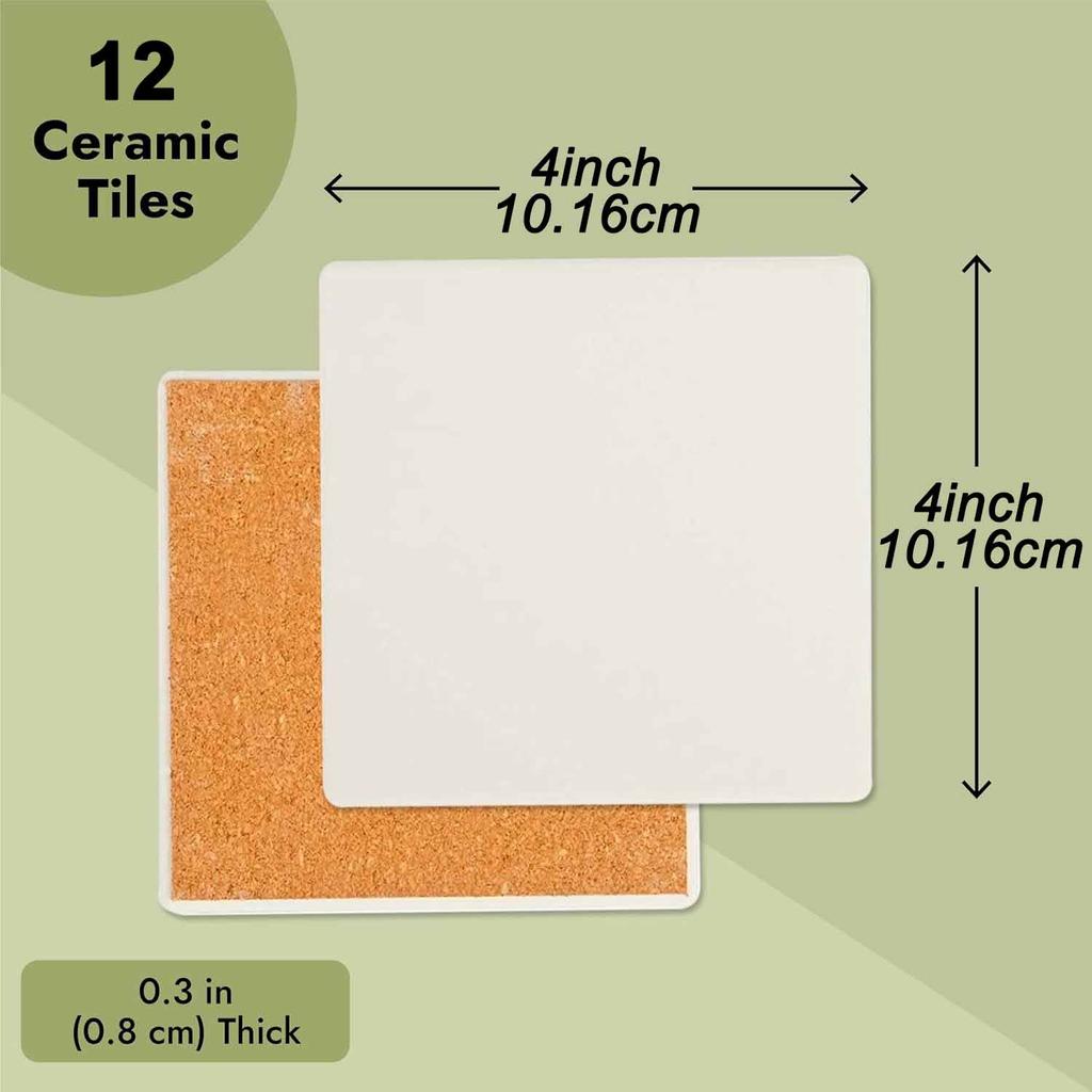 12pcs 4 Inch Square Ceramic Tiles for Crafts with Cork Backing Pads, Unglazed White DIY Coasters for Painting