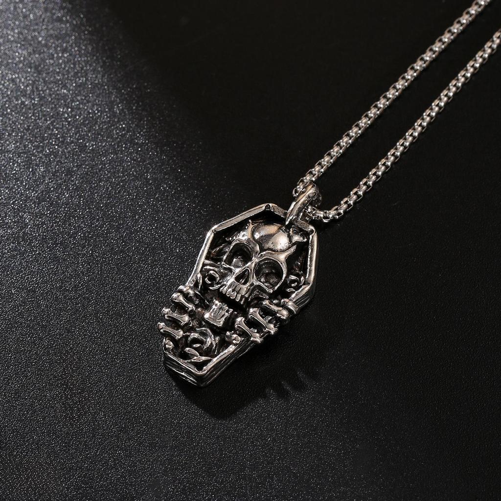 Coffin-Shaped Skull Pendant Necklace with Stainless Steel Chain