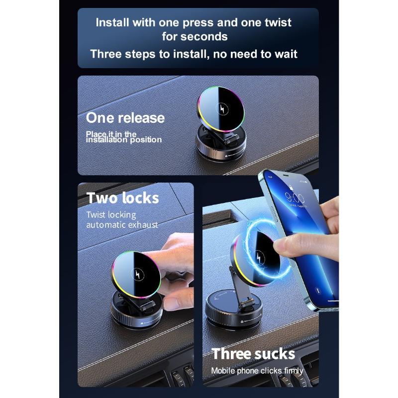 Magnetic Car Wireless Charger Phone Holder 360° Rotatable Phone Mount for Iphone Samsung Xiaomi Suction Cup Vacuum Foldable