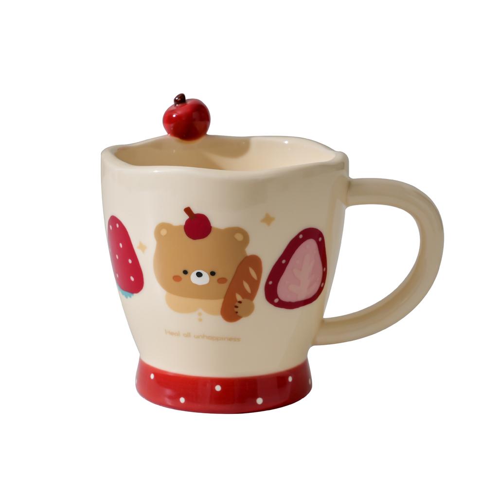 Apple Bear Mug with Spoon Office Good Looking Ceramic Mug Cute High Temperature Resistant Coffee Cup Breakfast Cup