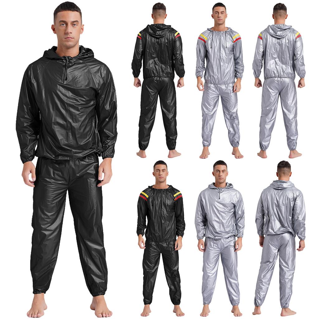 Herren PVC Schweißanzug S-4XL Mit Kapuze Schweißjacke und Elastische Taille Lange Hose für Fitnessstudio Training Sauna Training