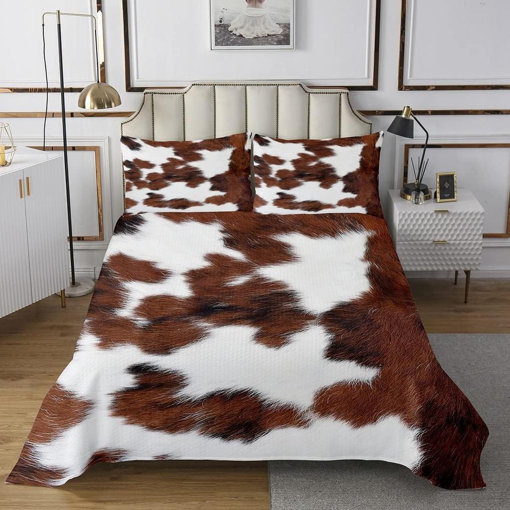 Cowhide Coverlet Set Farm Animal Fur Bedspread Queen/Full for Boy Girl Bedroom 2/3 Pcs Western Rustic Cowboy Farmhouse Quilt Set