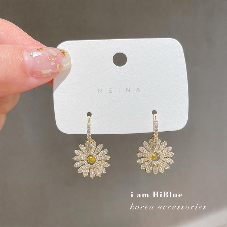 Korea New Design Fashion Jewelry AAA Zircon 14K Real Gold Plating Daisy Earrings Luxury Shiny Women's Wedding Accessories