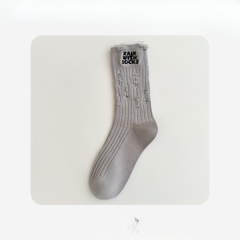 Female Summer Trend All Match Letter Embroidery Broken Hole Antibacterial Deodorant Cotton Socks