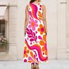 Women Plus Size Round Neck Triple Keyhole Cutout Sleeveless Floral Printed Long Dress