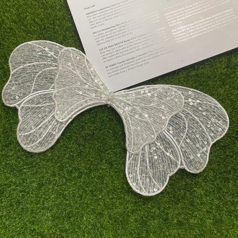 Silvery Bow Lace Patches Handmade Sequins Bead Embroidery Mesh for Kids Clothing Hair Accessories DIY Craft one size