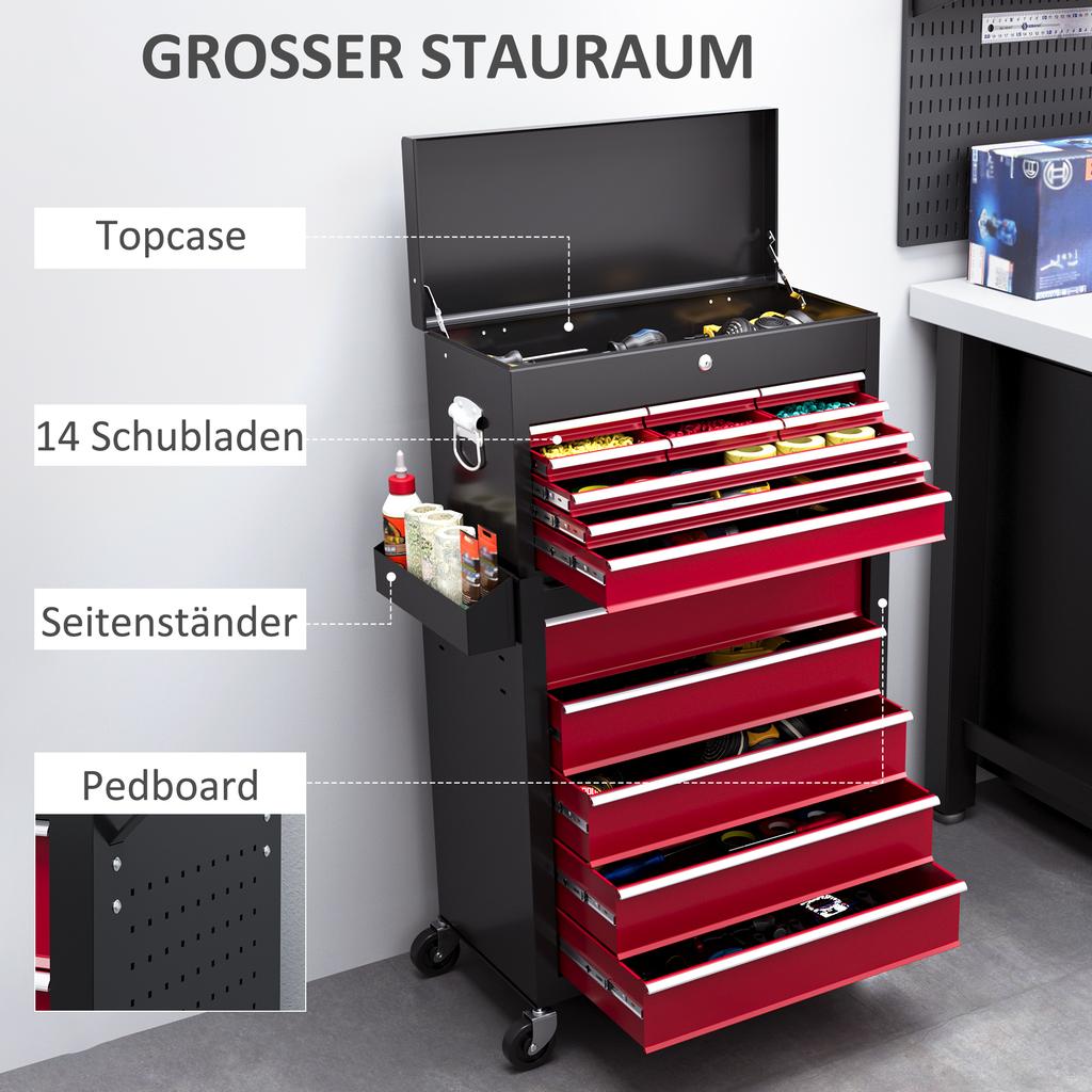 14 Drawer, Two-Part Tool Storage Chest On Wheels - Red