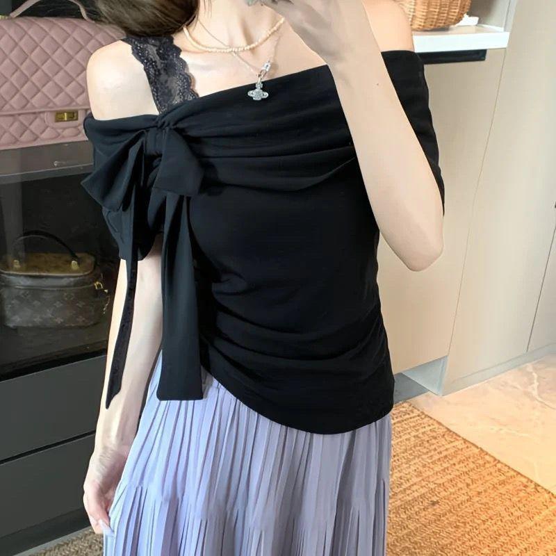 Off Shoulder Lace Panel Bow Tie Short Sleeve Top, Slim Ruched Cream Blouse for Women