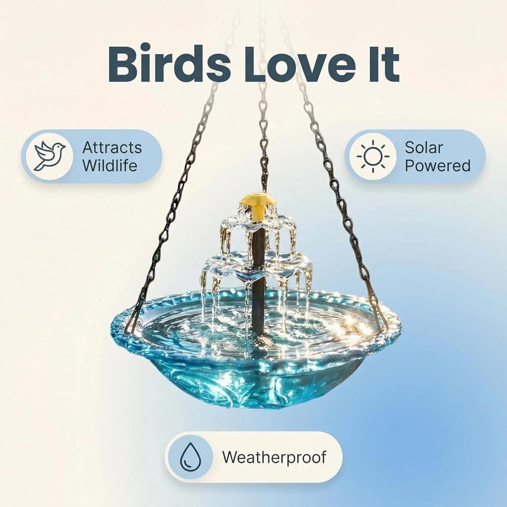 Hanging Birds Bath with Solar Fountain Pump Outdoor Garden Hummingbird Feeder Tray Water Fountain Birdbath Bowl