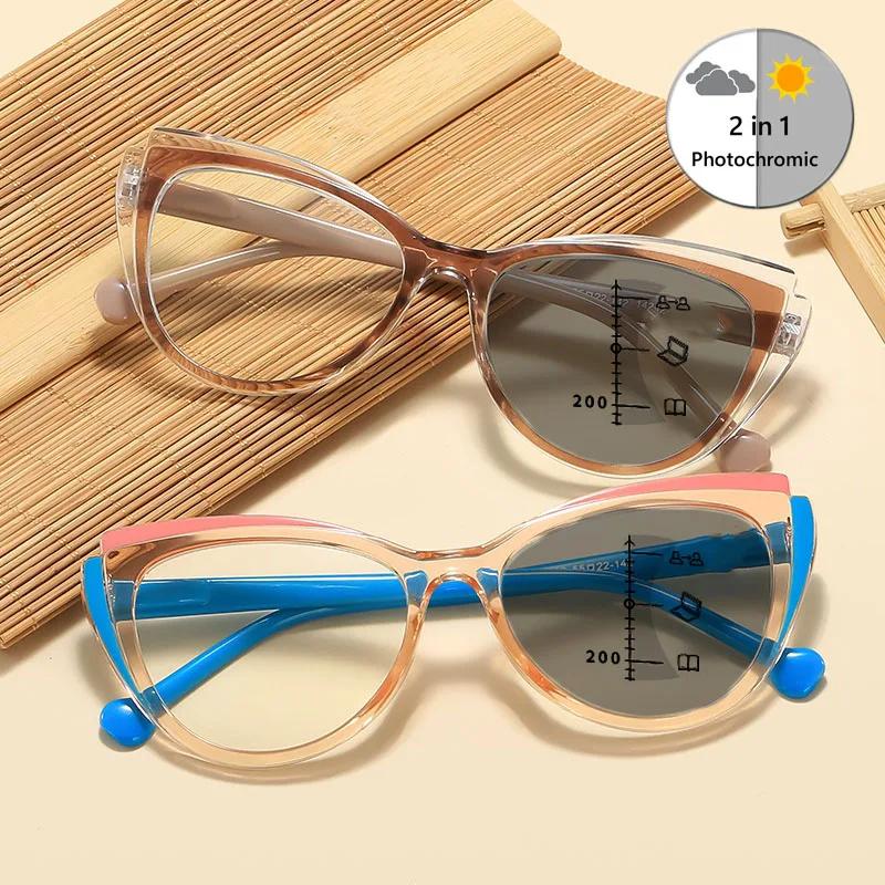 2025 Fashion Men Women Photochromic Reading Glasses Trendy Cat Eye Multifocal Glasses Outdoor Far Sight Eyeglasses +1.0+1.5+4.0