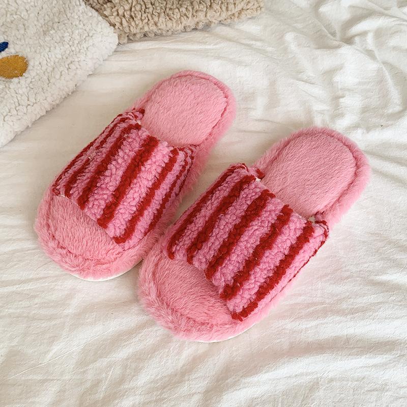 

Fashion cute striped bow fluffy slippers women s new autumn and winter 2025 outer wear one-word cotton slippers 41 розы красного