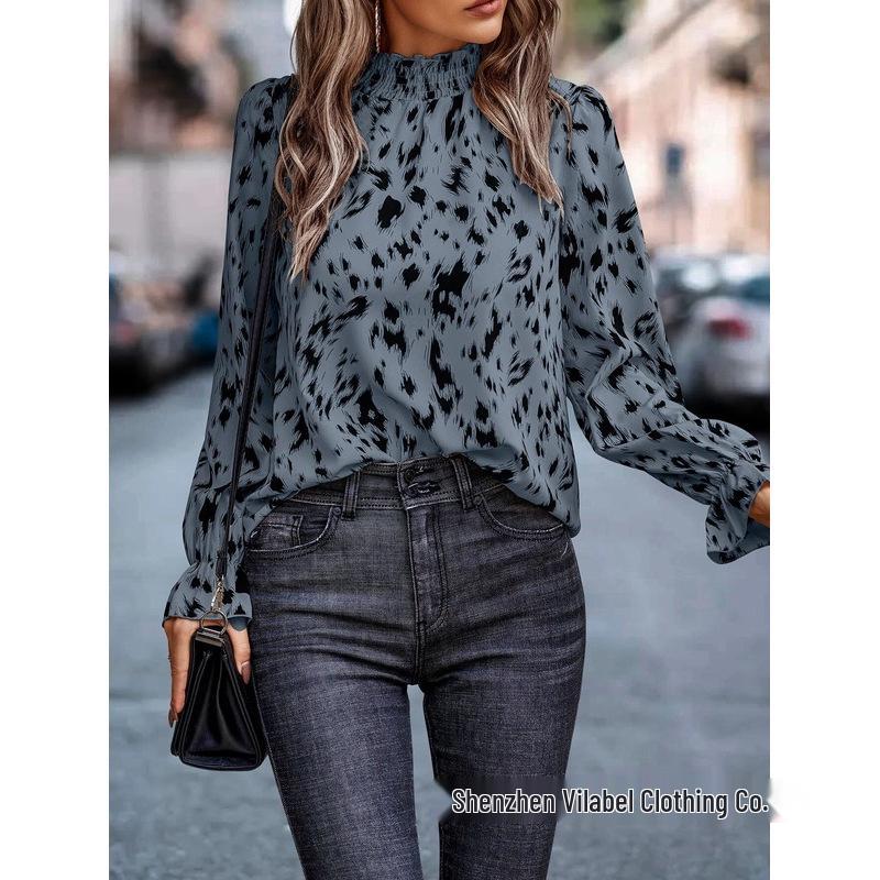 Women's European-American Style Polyester Pullover, Long Sleeve Semi-High Neck Loose Fit Shirt