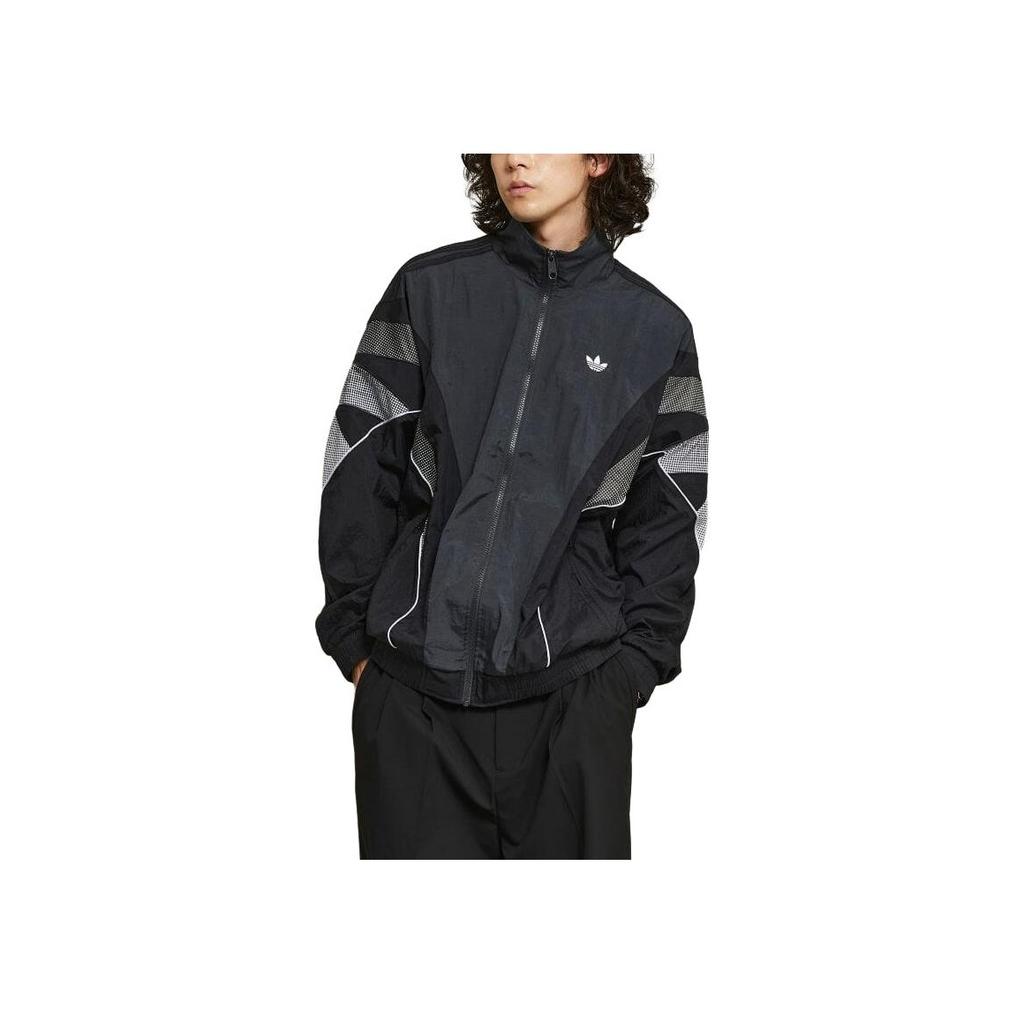 adidas Originals Retro Sports Logo Print Stand Collar Spliced Long Sleeve Work Jacket Men Jacket Black White IZ4857