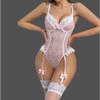 Rosa Dessous-Set Sexy BH-Set Rüschen-Blumen-Spitzen-Bralette Transparente High-Waist-Slips Strumpfhalter Erotisches Unterwäsche-Set Für Damen