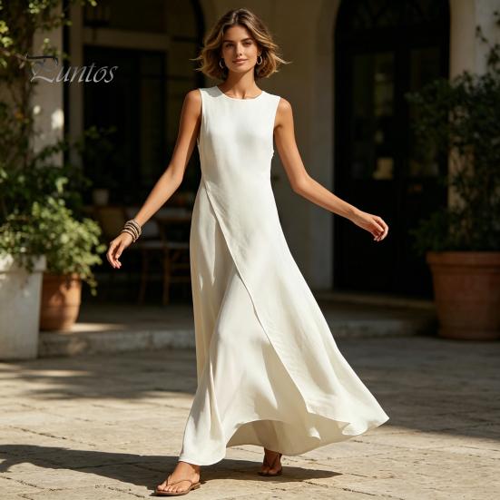 Solid Color Women Dress Women's Sleeveless Cotton Linen Dress, Casual Irregular Hem Crew Lightweight Summer Neck Long Loose Beach Vacation Sundress