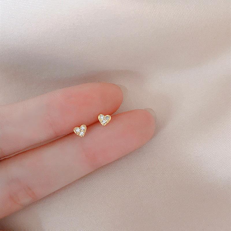 Silver 14K Gold Plated Zircon Heart Mini Stud Earrings For Women Classic Fine Jewelry Minimalist Piercing Accessories
