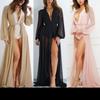Damen V-Ausschnitt Langarm Durchsichtig Chiffon Strand Überwurf Kimono Strickjacke Maxikleid